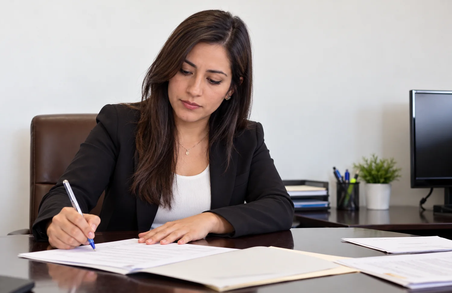 Profesional gestionando documentos administrativos en oficina
